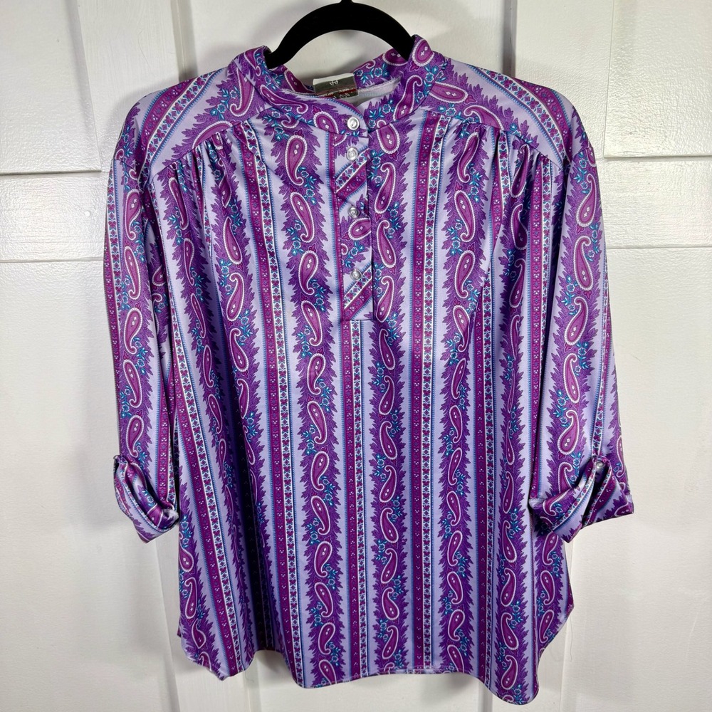 Lind Clare 44 Paisley Print Button Up Long Sleeve Blouse Top Purple Blue